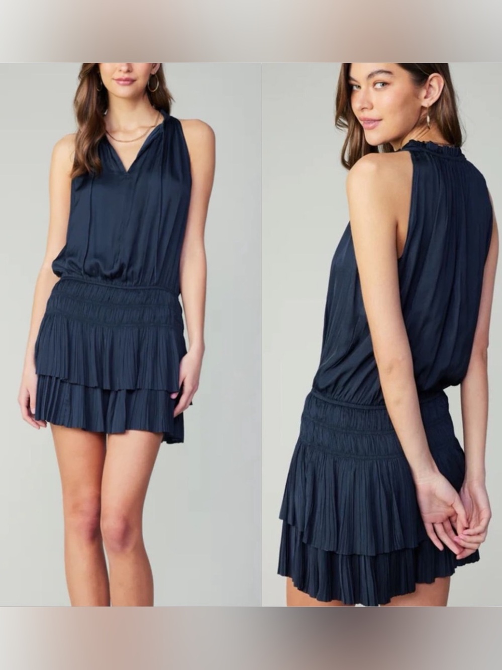Anthropologie Current Air Cara navy blue sleeveless pleated mini dress L